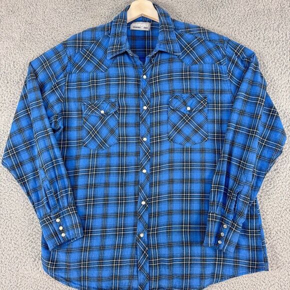 Wrangler Shirt Mens Large Blue Plaid Flannel Wrancher Western Pearl Snap Cowboy - Picture 1 of 13
